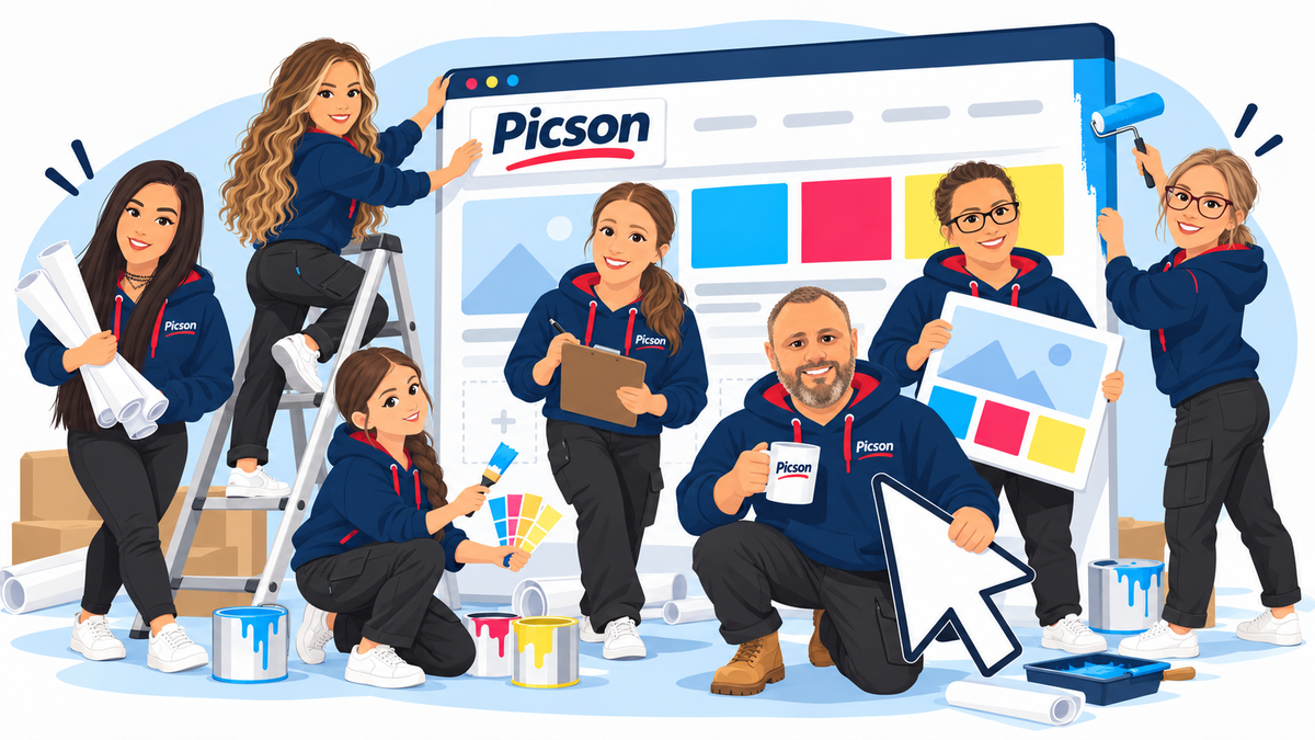 Becci, Emily, Helen, Lucy, Matt, Max and Molly illustrated building the new Picson website.